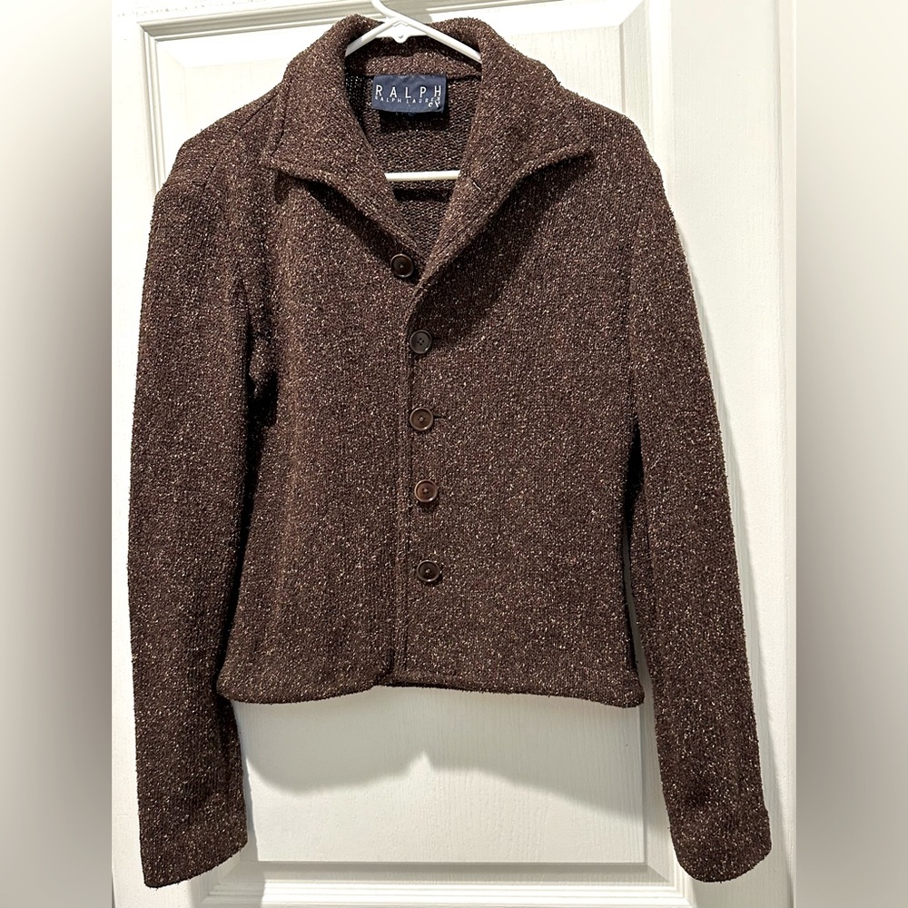 Ralph Lauren Silk Blend Nubby Brown Multi Tweed Knit Button Front Cropped Jacket